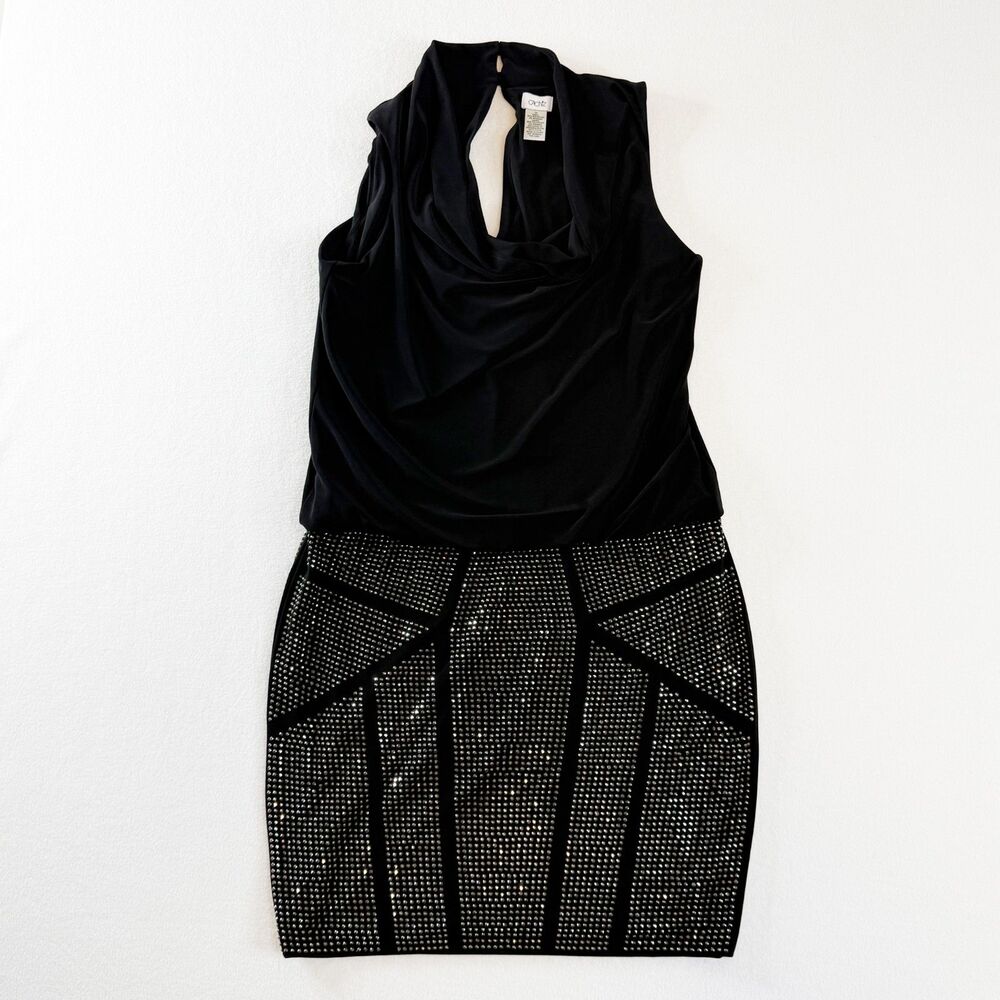 Vintage Cache | Black Dress | Cowl Neck Sleeveless | Jewel Pewter Skirt | Sz 10
